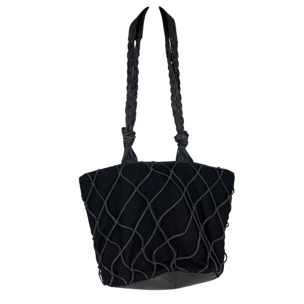 Brizzolari‎ Purse Black Leather Fishnet Woven Braided Handles Made in Italy